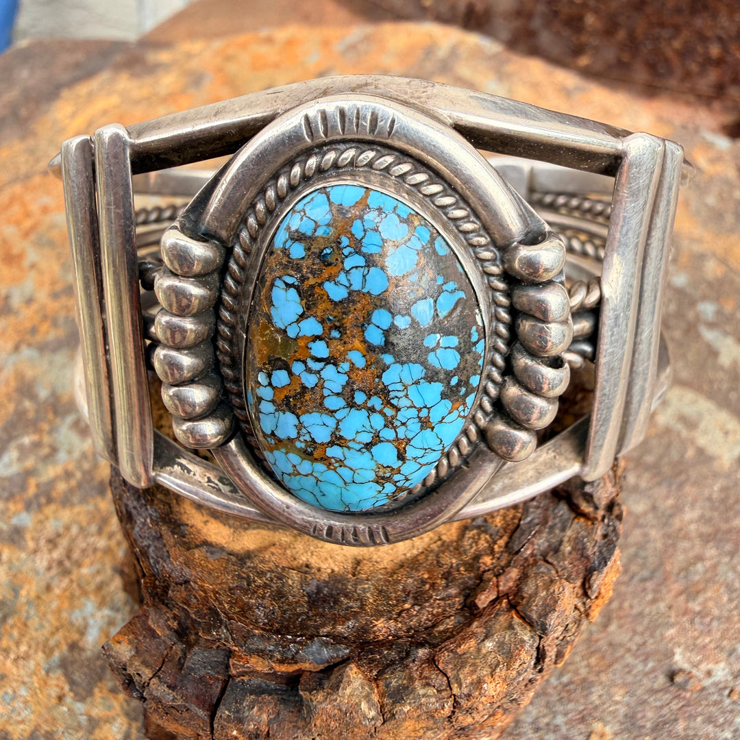 Navajo Sterling Silver Cuff Bracelet Spider Web Turquoise