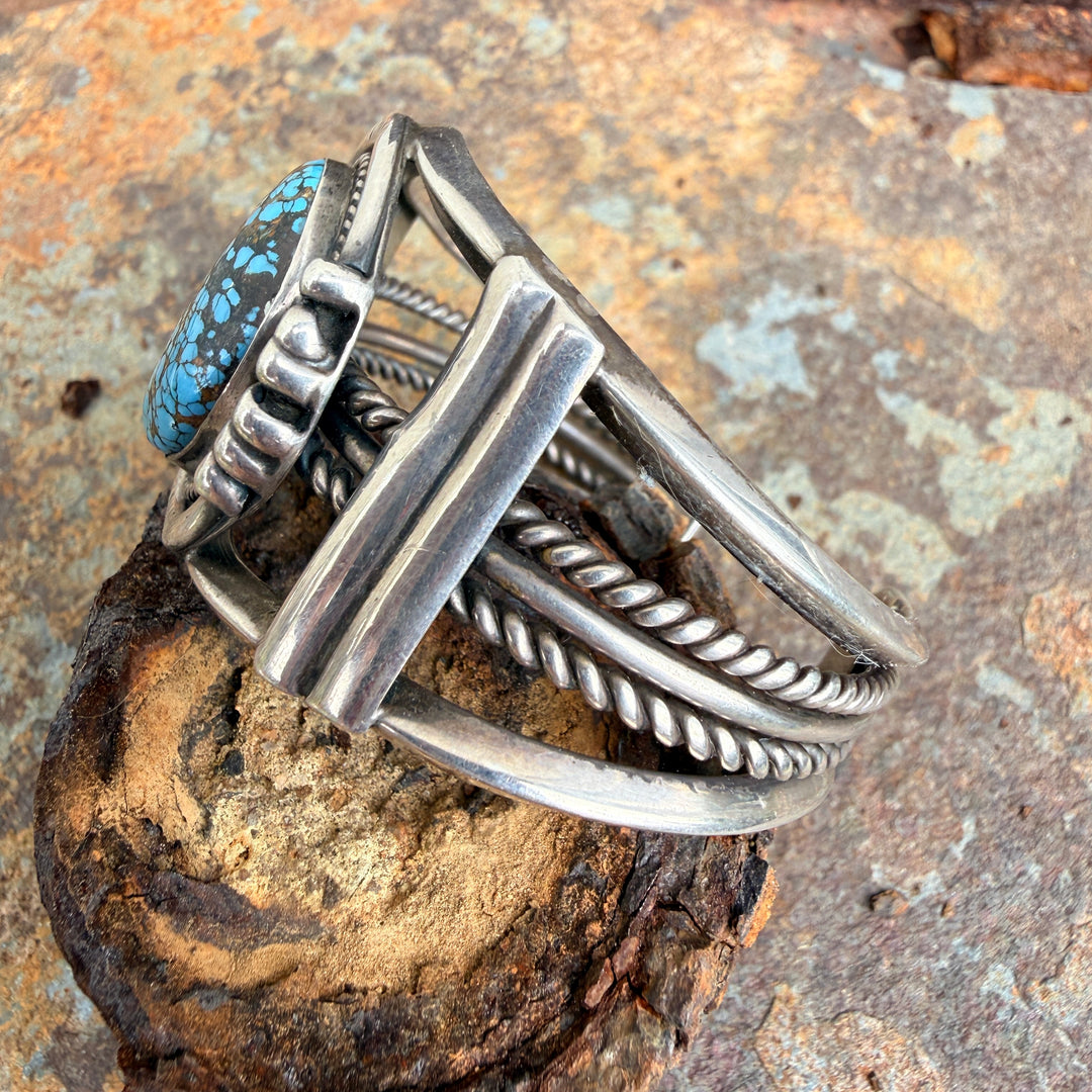 Navajo Sterling Silver Cuff Bracelet Spider Web Turquoise