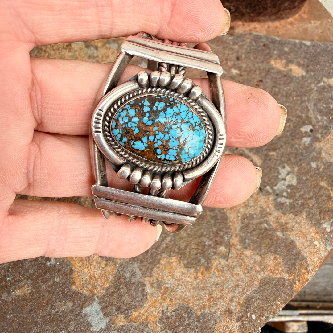 Navajo Sterling Silver Cuff Bracelet Spider Web Turquoise