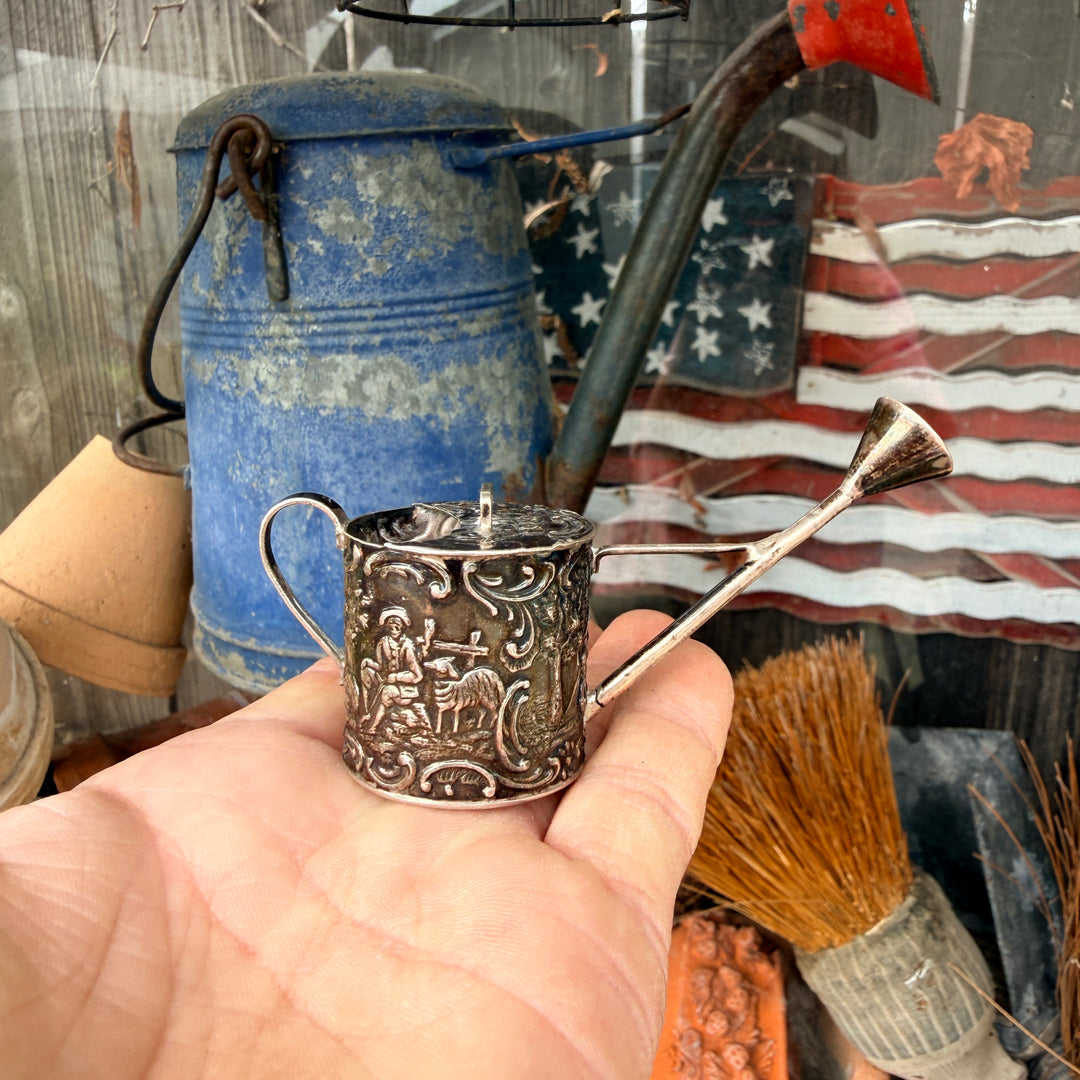 Antique Miniature Sterling SIlver Dutch Embossed Watering Can