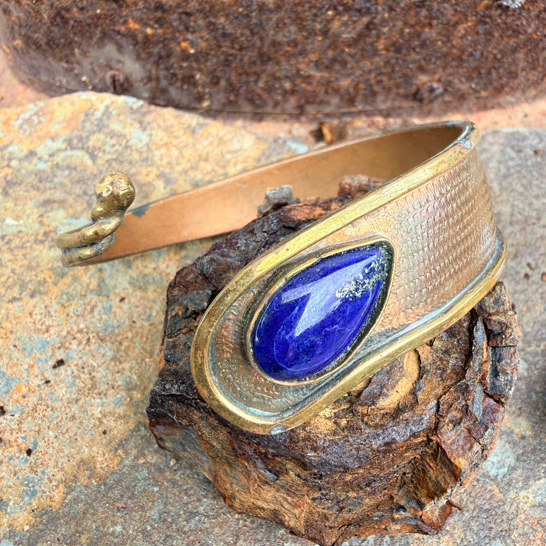 MId-Century Brutalist Bangle Bypass Bracelet Lapis