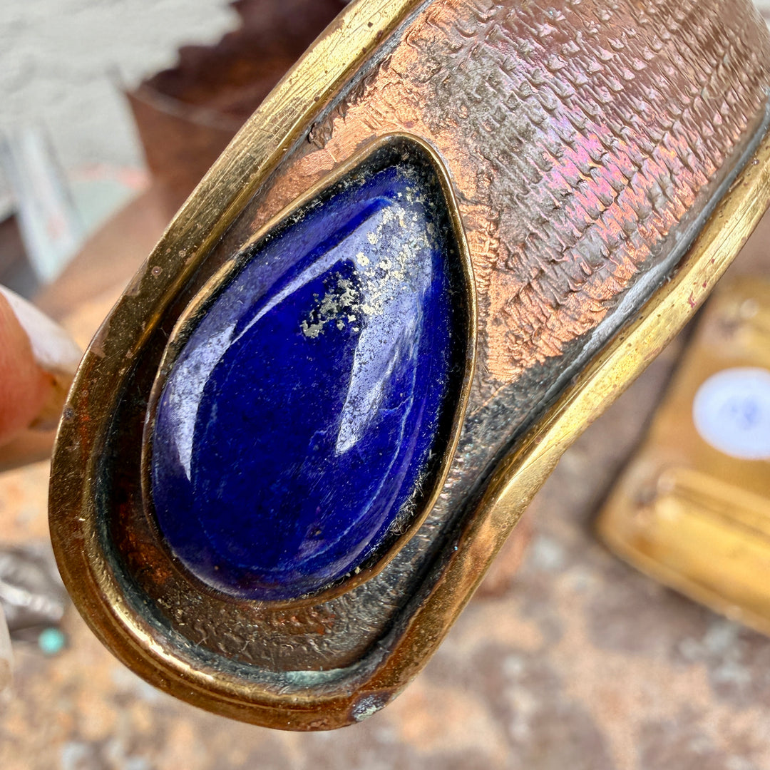 MId-Century Brutalist Bangle Bypass Bracelet Lapis
