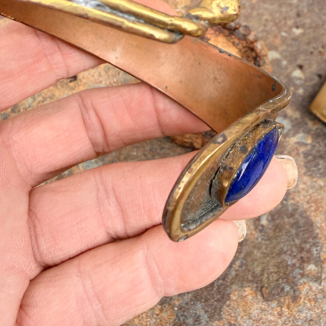 MId-Century Brutalist Bangle Bypass Bracelet Lapis