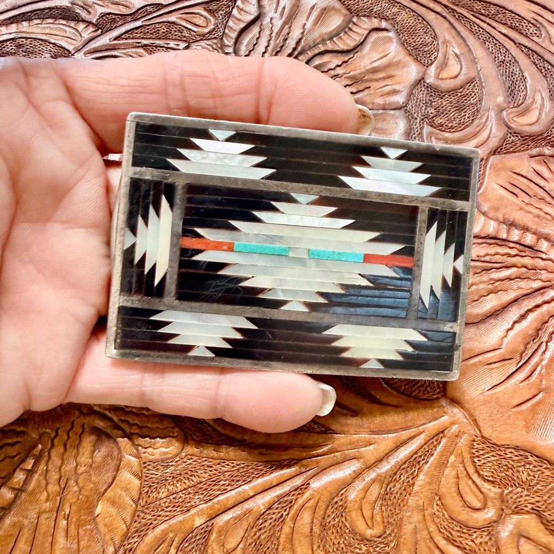 Sterling Silver Channel Inlay Belt Buckle C. Dishta Zuni