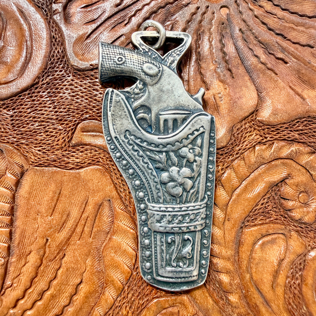 Vintage Cast Sterling Silver Revolver in Holster Western Pendant