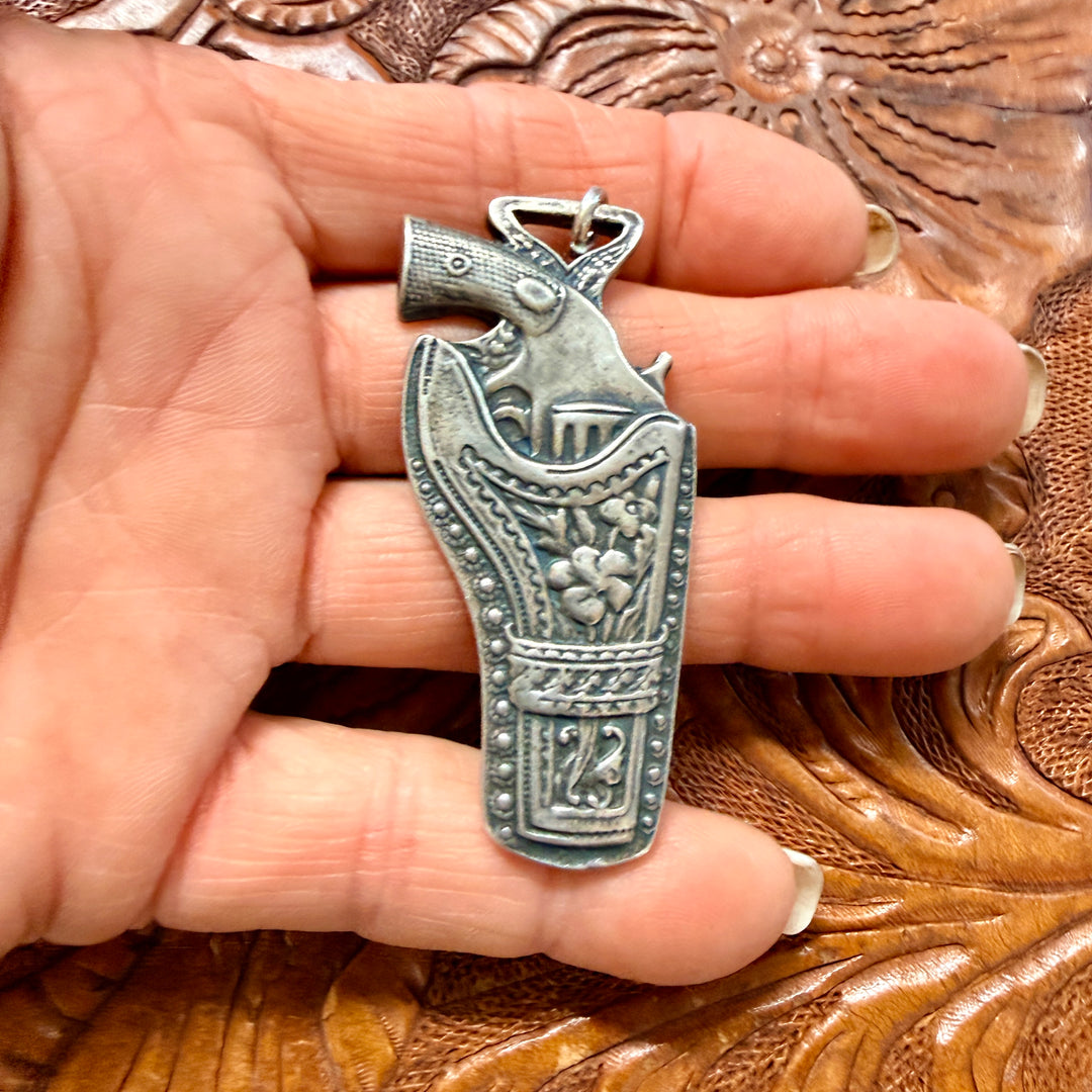 Vintage Cast Sterling Silver Revolver in Holster Western Pendant