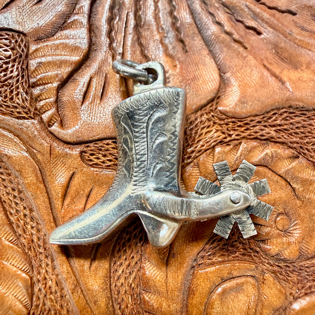 Vintage Cast Sterling Silver Cowboy Boot & Spur Western Pendant