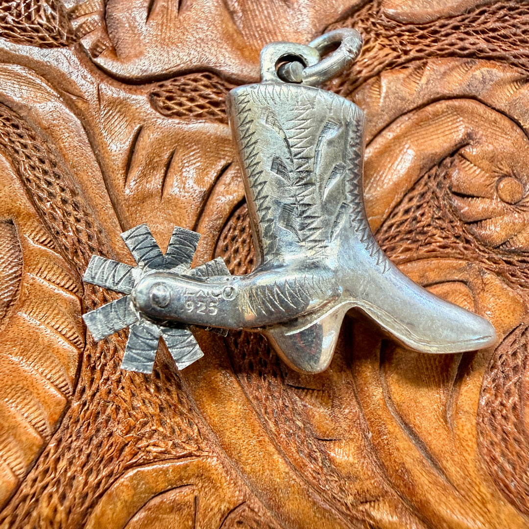 Vintage Cast Sterling Silver Cowboy Boot & Spur Western Pendant