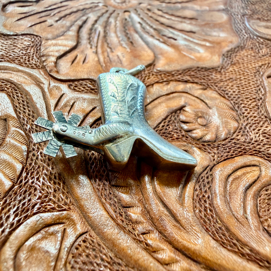 Vintage Cast Sterling Silver Cowboy Boot & Spur Western Pendant