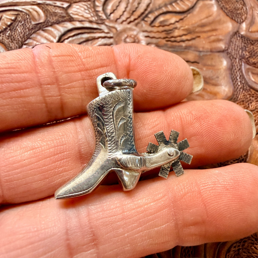 Vintage Cast Sterling Silver Cowboy Boot & Spur Western Pendant