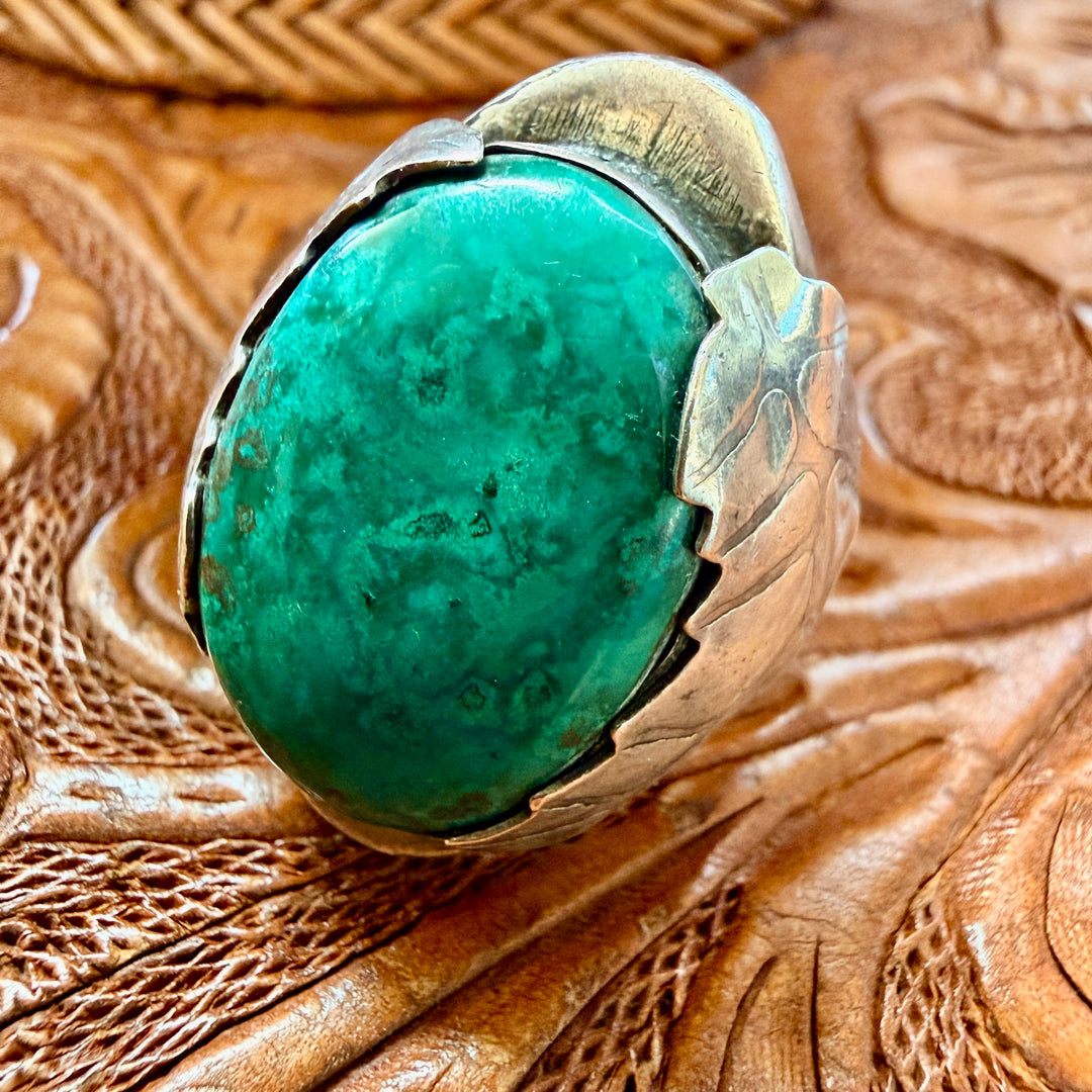 Vintage Chunky Navajo Sterling Silver & Malachite or Variscite Ring 10