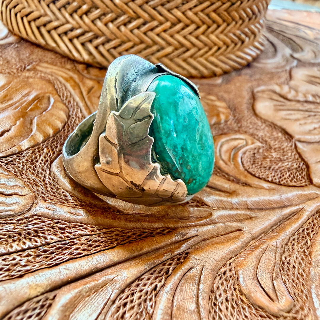Vintage Chunky Navajo Sterling Silver & Malachite or Variscite Ring 10