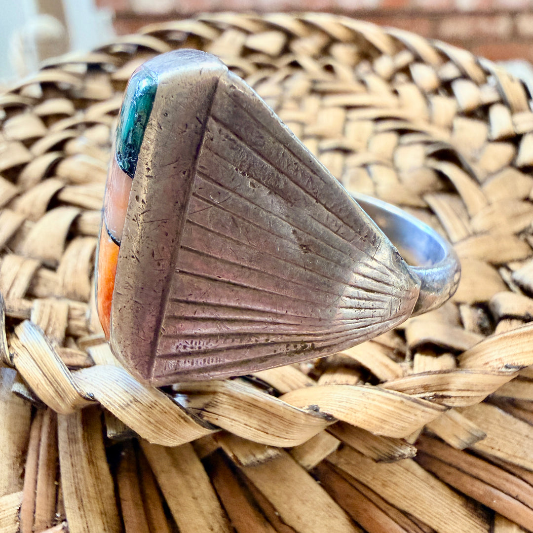 Vintage  Navajo Sterling Silver Turquoise Spiny Oyster Ring Sz 14