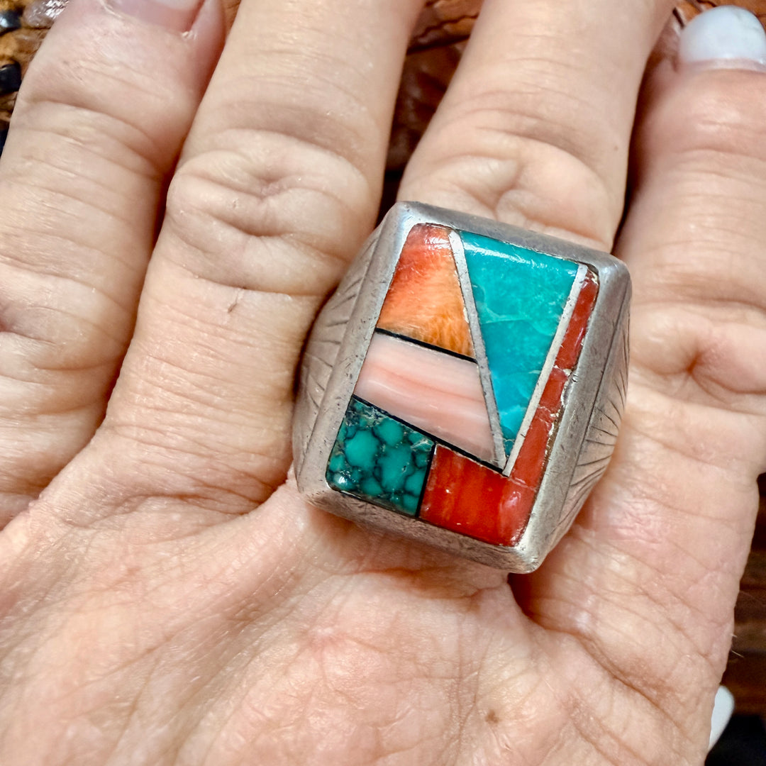 Vintage  Navajo Sterling Silver Turquoise Spiny Oyster Ring Sz 14