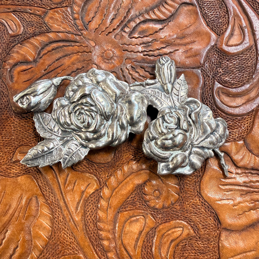 Large Vintage Sterling Silver Rose Brooch Pin