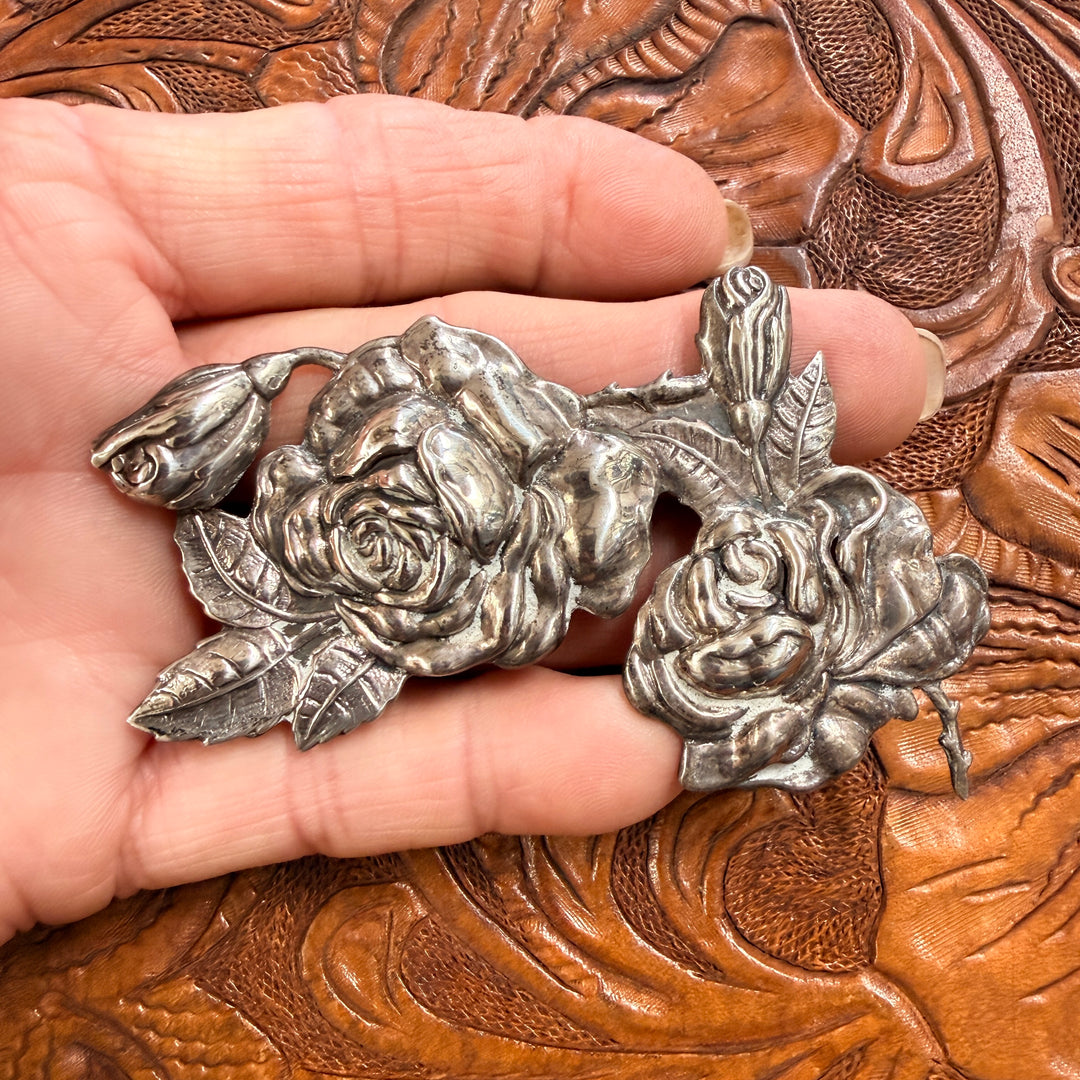 Large Vintage Sterling Silver Rose Brooch Pin