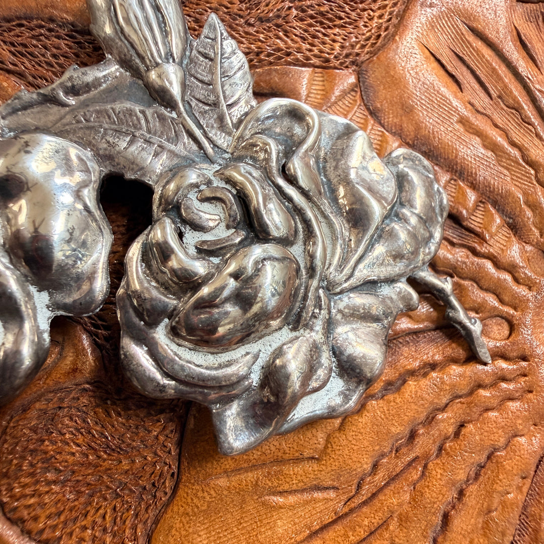 Large Vintage Sterling Silver Rose Brooch Pin