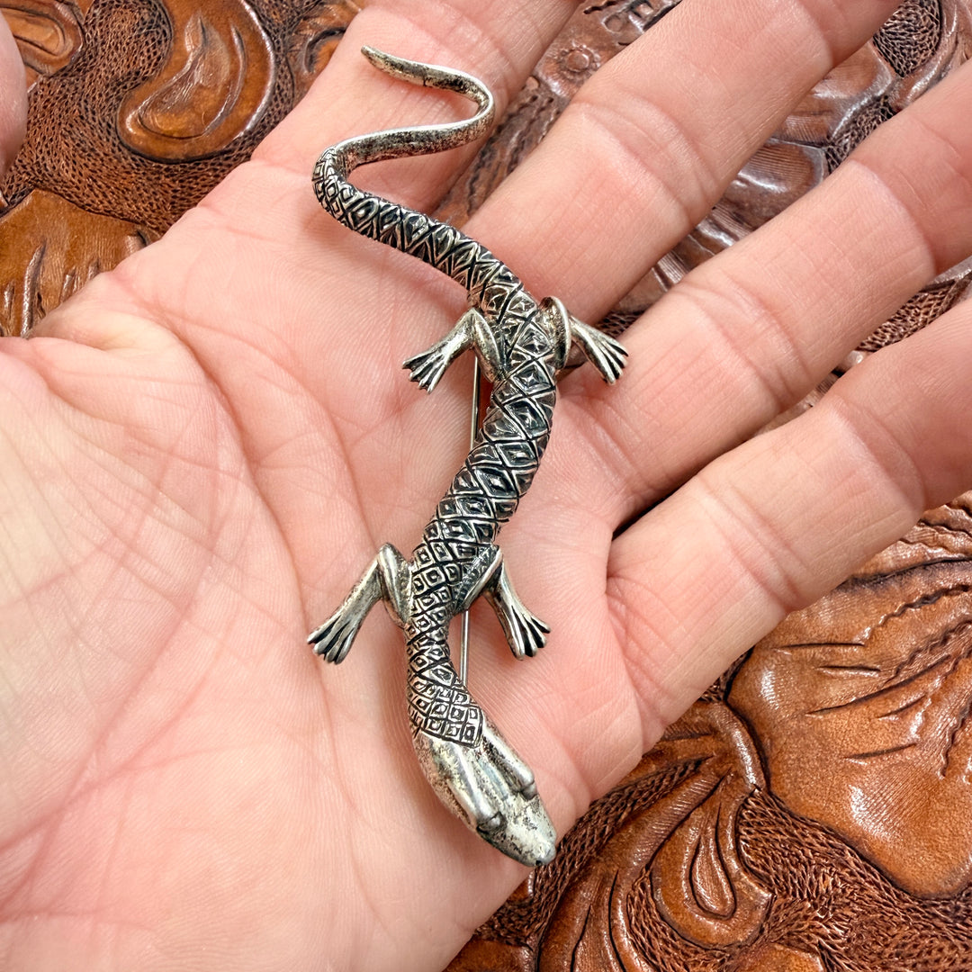 Large Vintage Sterling Silver Desert Lizard  Brooch Pin