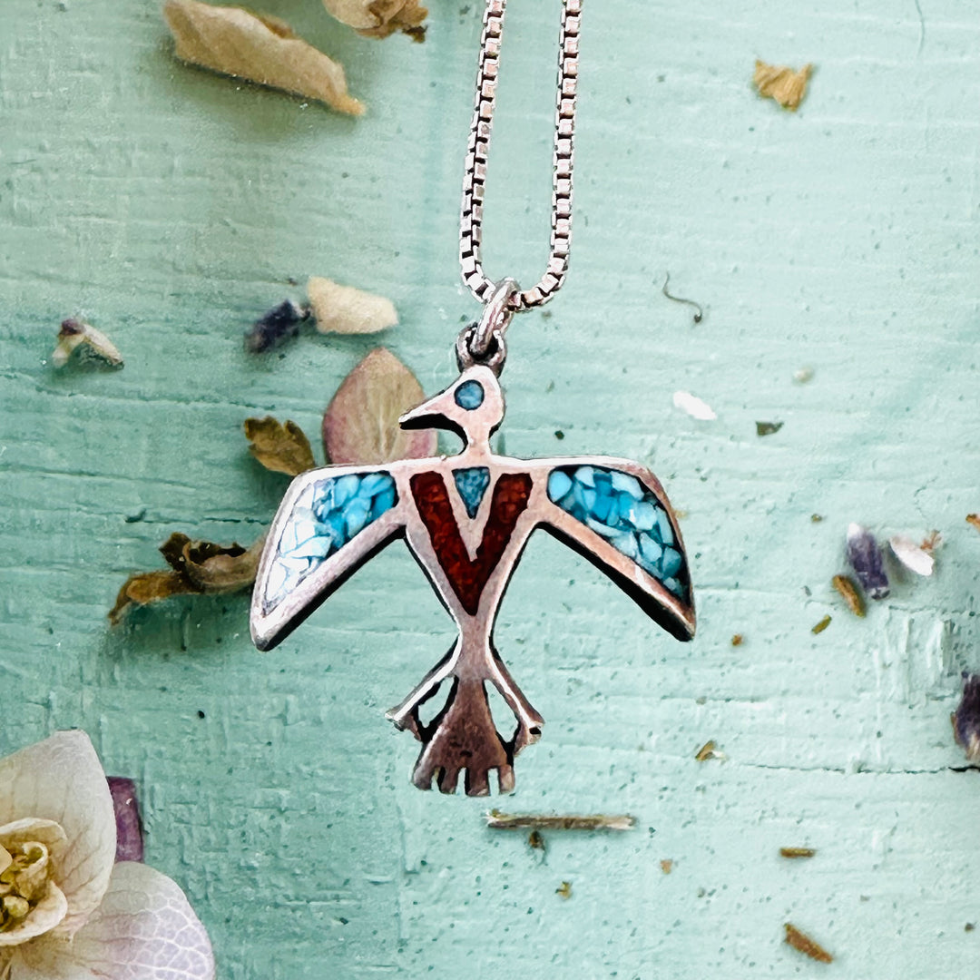Vintage Sterling Silver Shiprock Mosaic Phoenix Bird Necklace