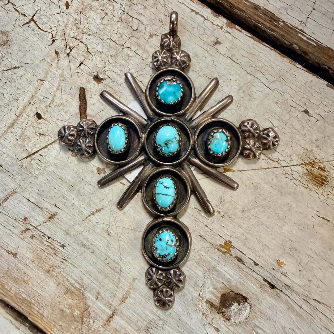 Vintage Navajo Sterling Silver & Turquoise Holy Cross Pendant