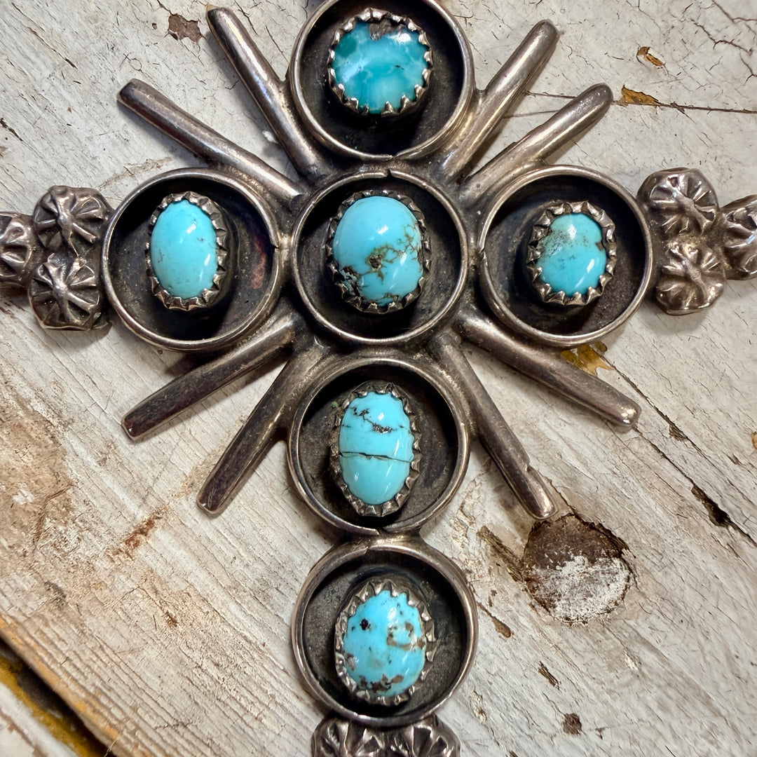 Vintage Navajo Sterling Silver & Turquoise Holy Cross Pendant