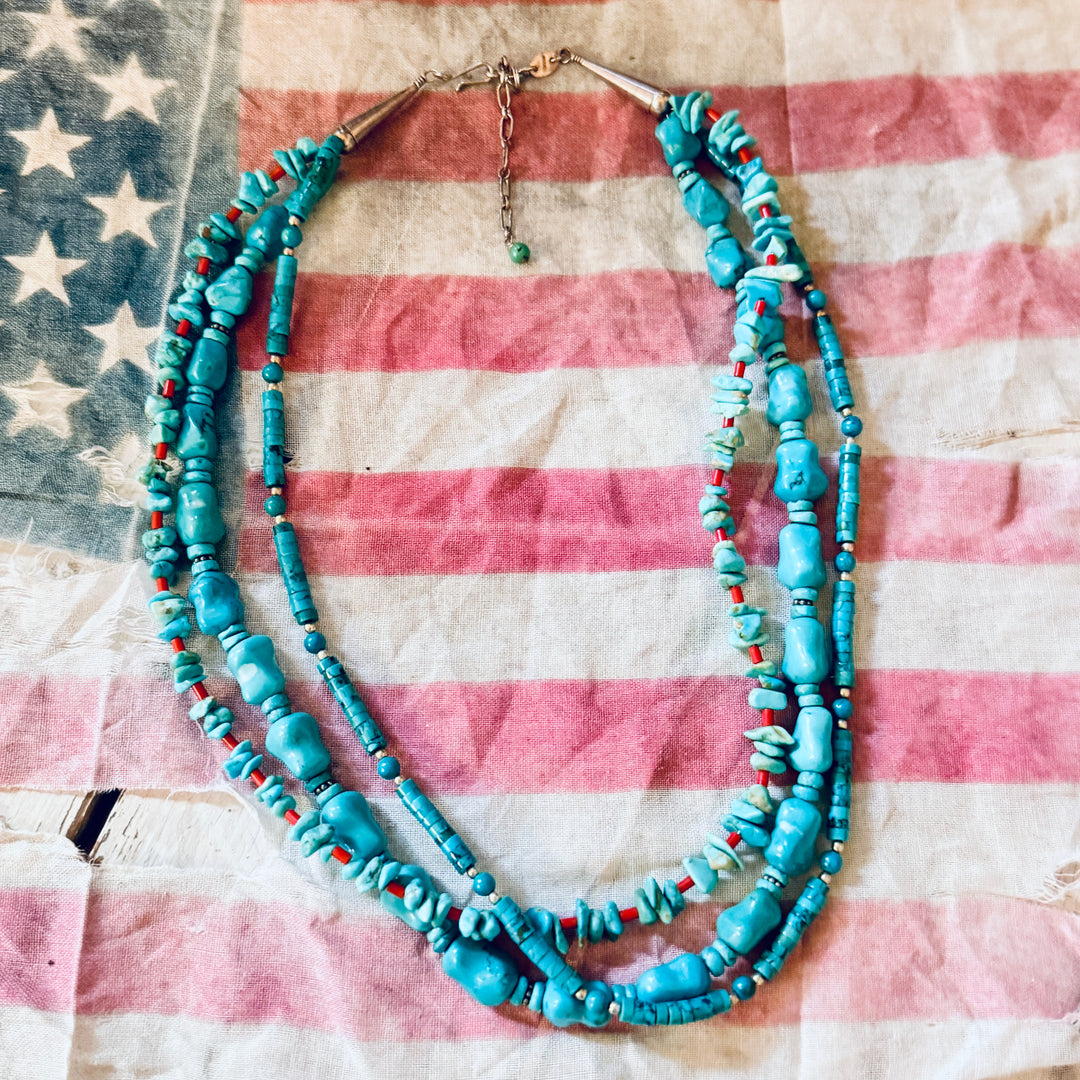 Triple Strand Turquoise Necklace Sterling Silver