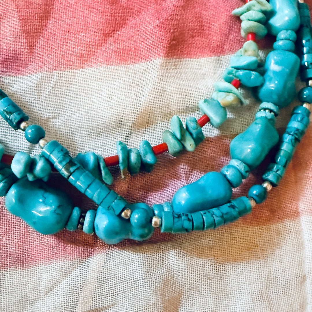 Triple Strand Turquoise Necklace Sterling Silver