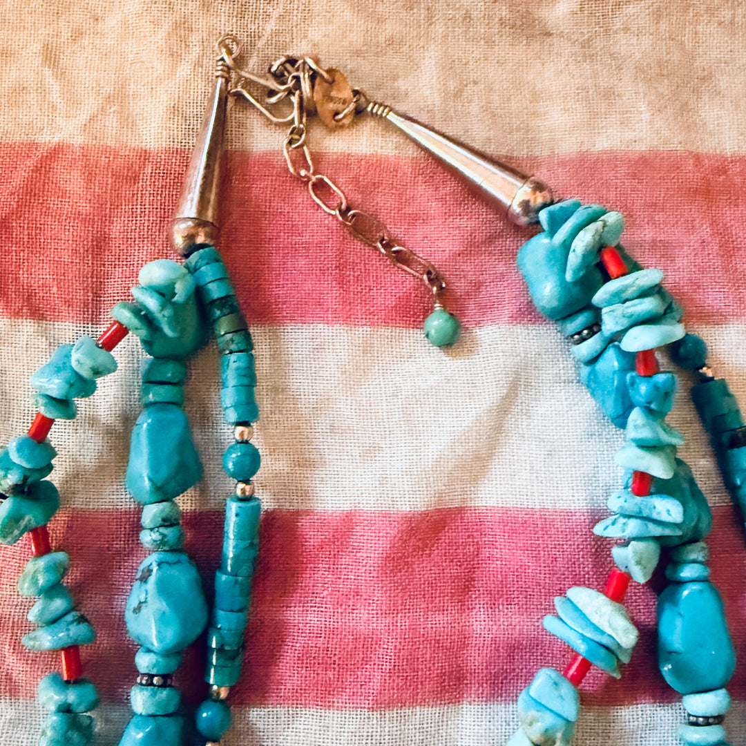 Triple Strand Turquoise Necklace Sterling Silver
