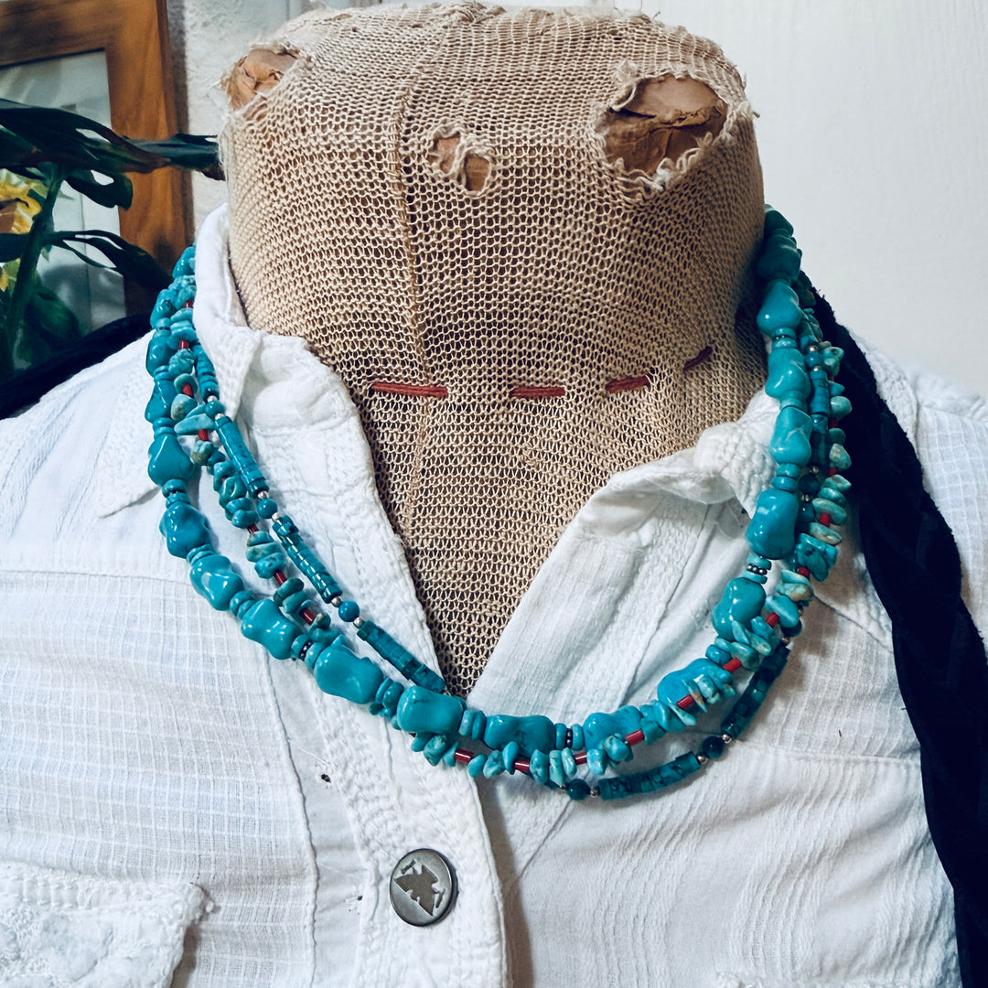 Triple Strand Turquoise Necklace Sterling Silver