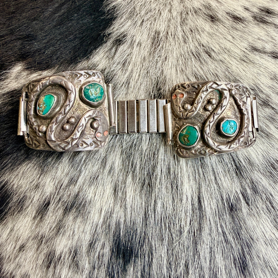Vintage Navajo Sterling Silver & Turquoise Snake Watch Band Plates