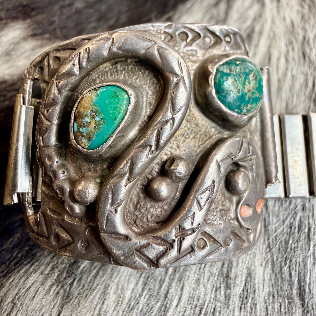 Vintage Navajo Sterling Silver & Turquoise Snake Watch Band Plates