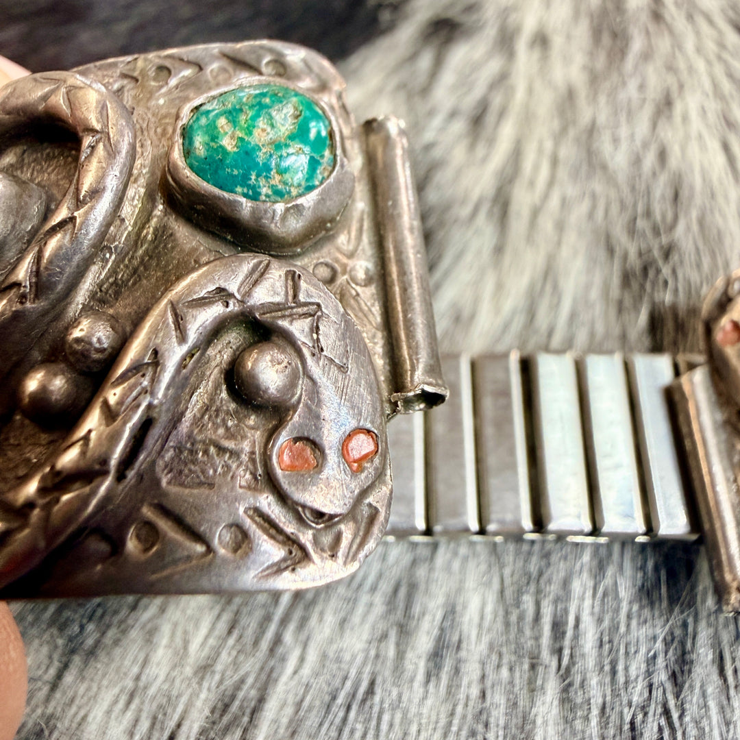 Vintage Navajo Sterling Silver & Turquoise Snake Watch Band Plates