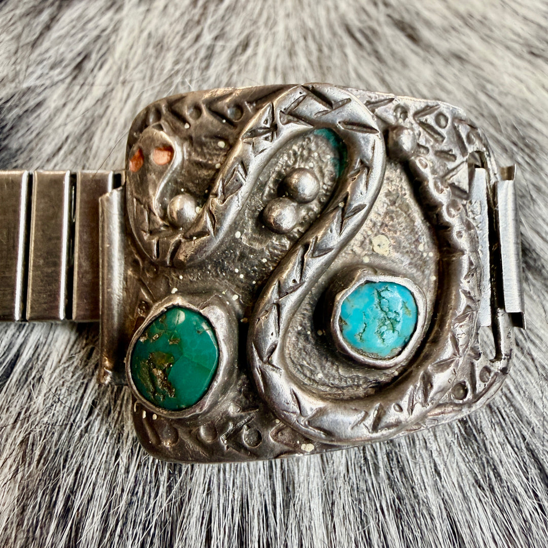 Vintage Navajo Sterling Silver & Turquoise Snake Watch Band Plates