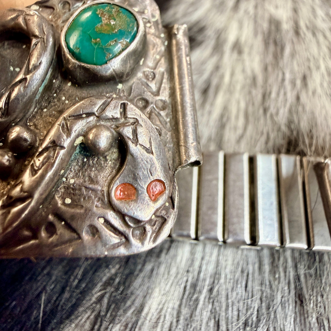 Vintage Navajo Sterling Silver & Turquoise Snake Watch Band Plates