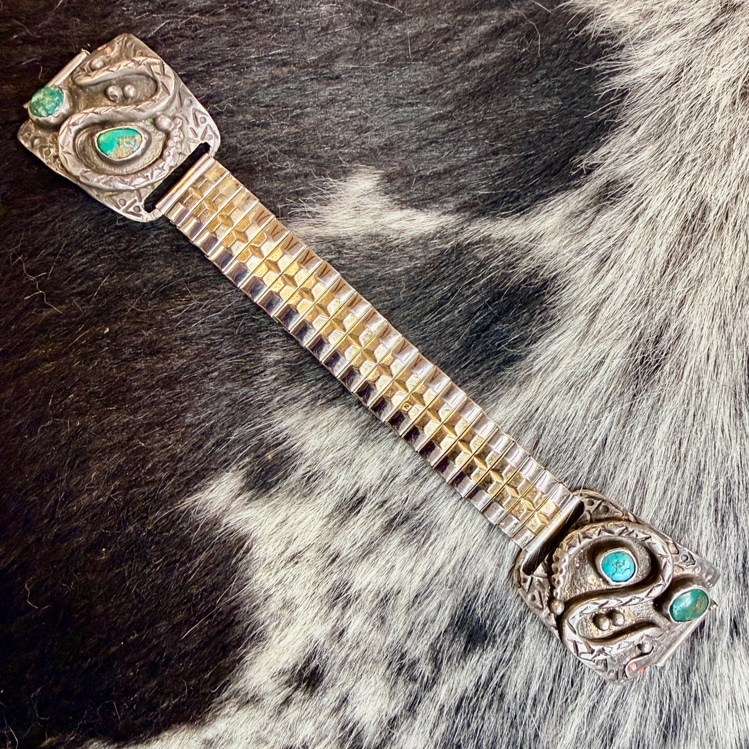 Vintage Navajo Sterling Silver & Turquoise Snake Watch Band Plates