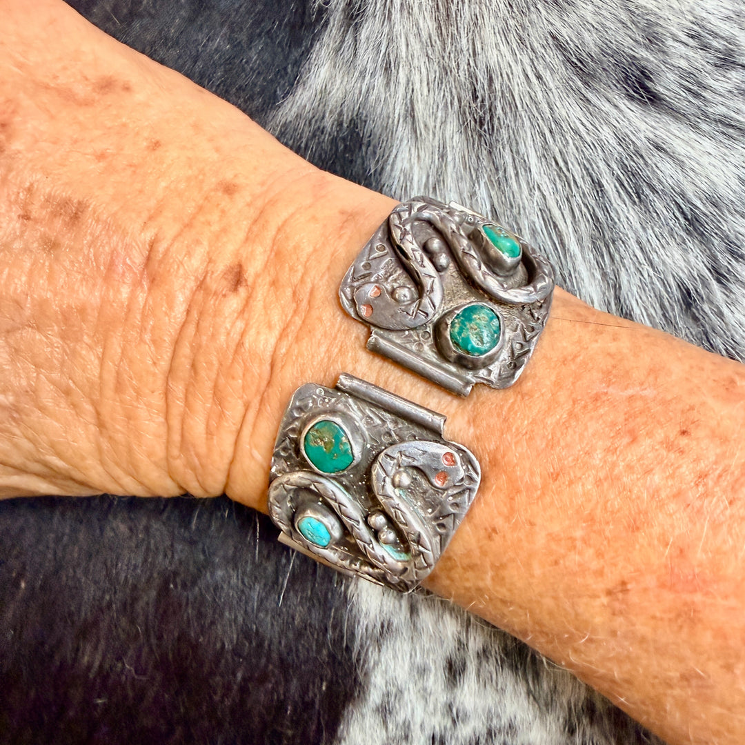 Vintage Navajo Sterling Silver & Turquoise Snake Watch Band Plates