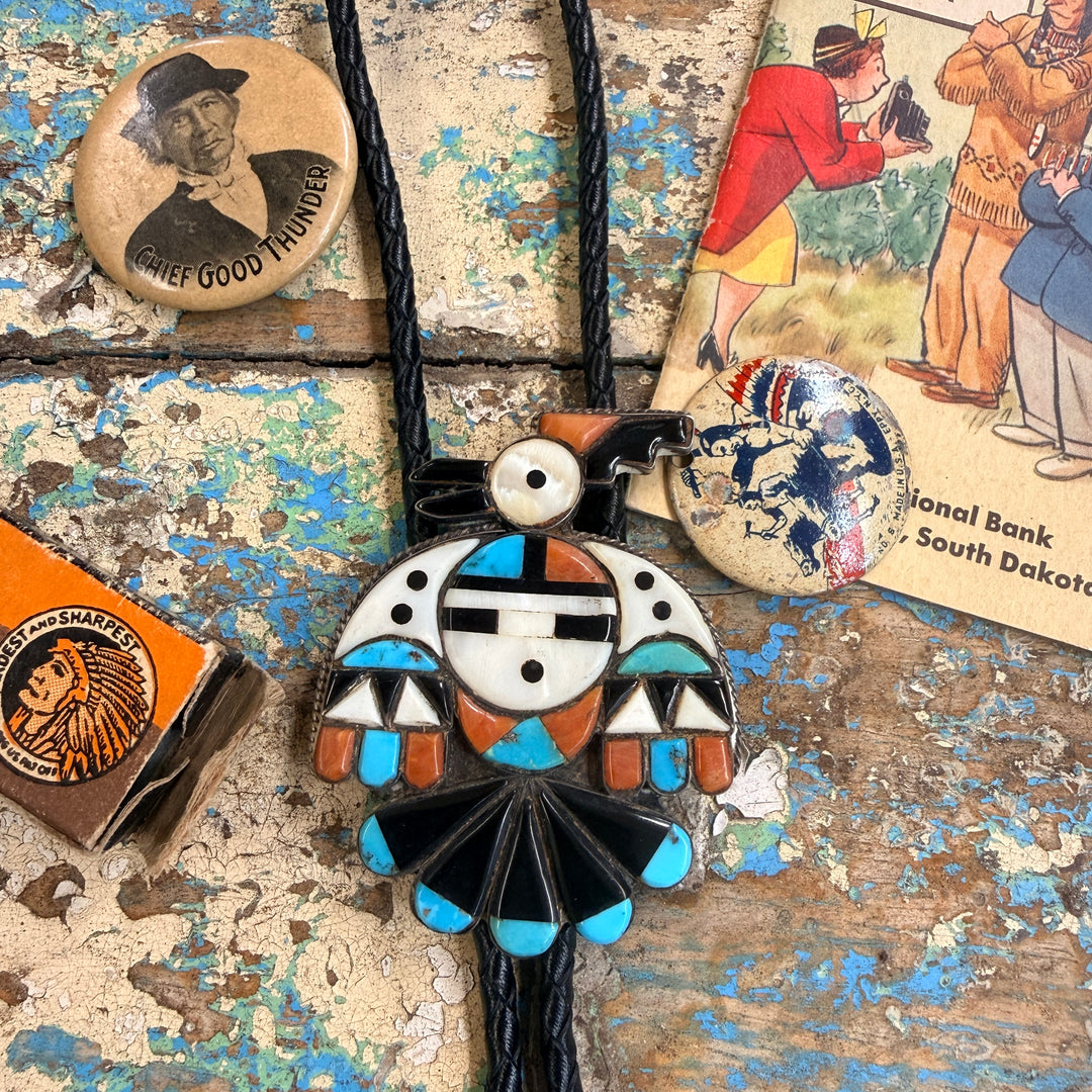 Vintage Sterling Silver Turquoise Inlay Peyote Bird Leather Bolo Tie Zuni