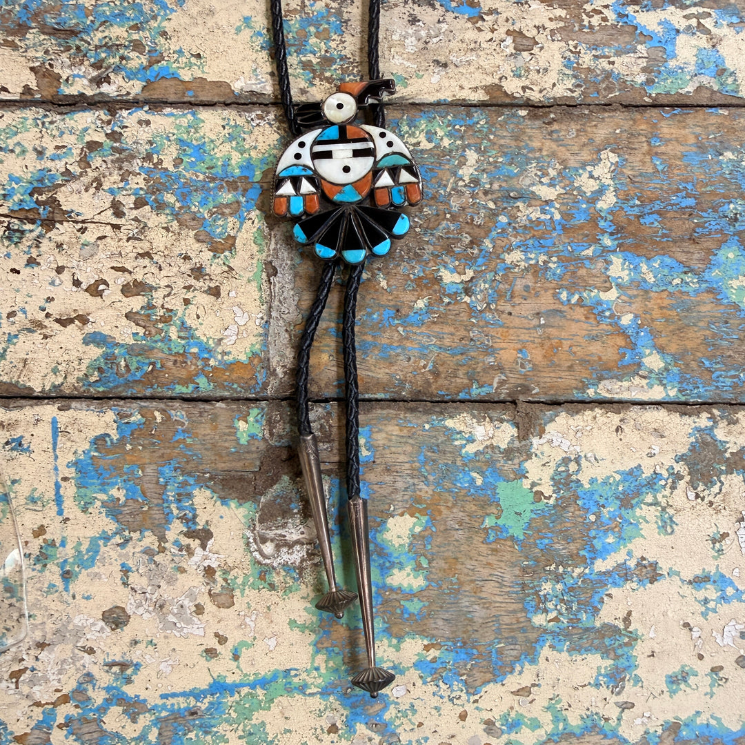 Vintage Sterling Silver Turquoise Inlay Peyote Bird Leather Bolo Tie Zuni