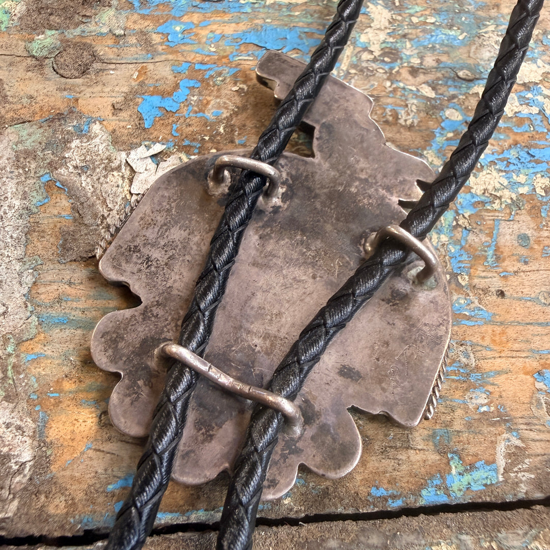 Vintage Sterling Silver Turquoise Inlay Peyote Bird Leather Bolo Tie Zuni