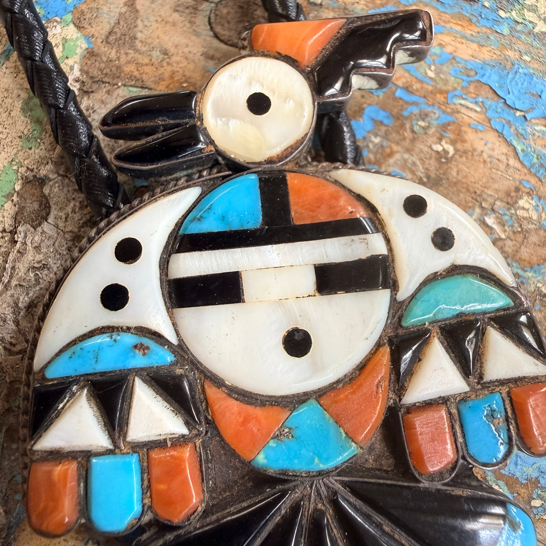 Vintage Sterling Silver Turquoise Inlay Peyote Bird Leather Bolo Tie Zuni