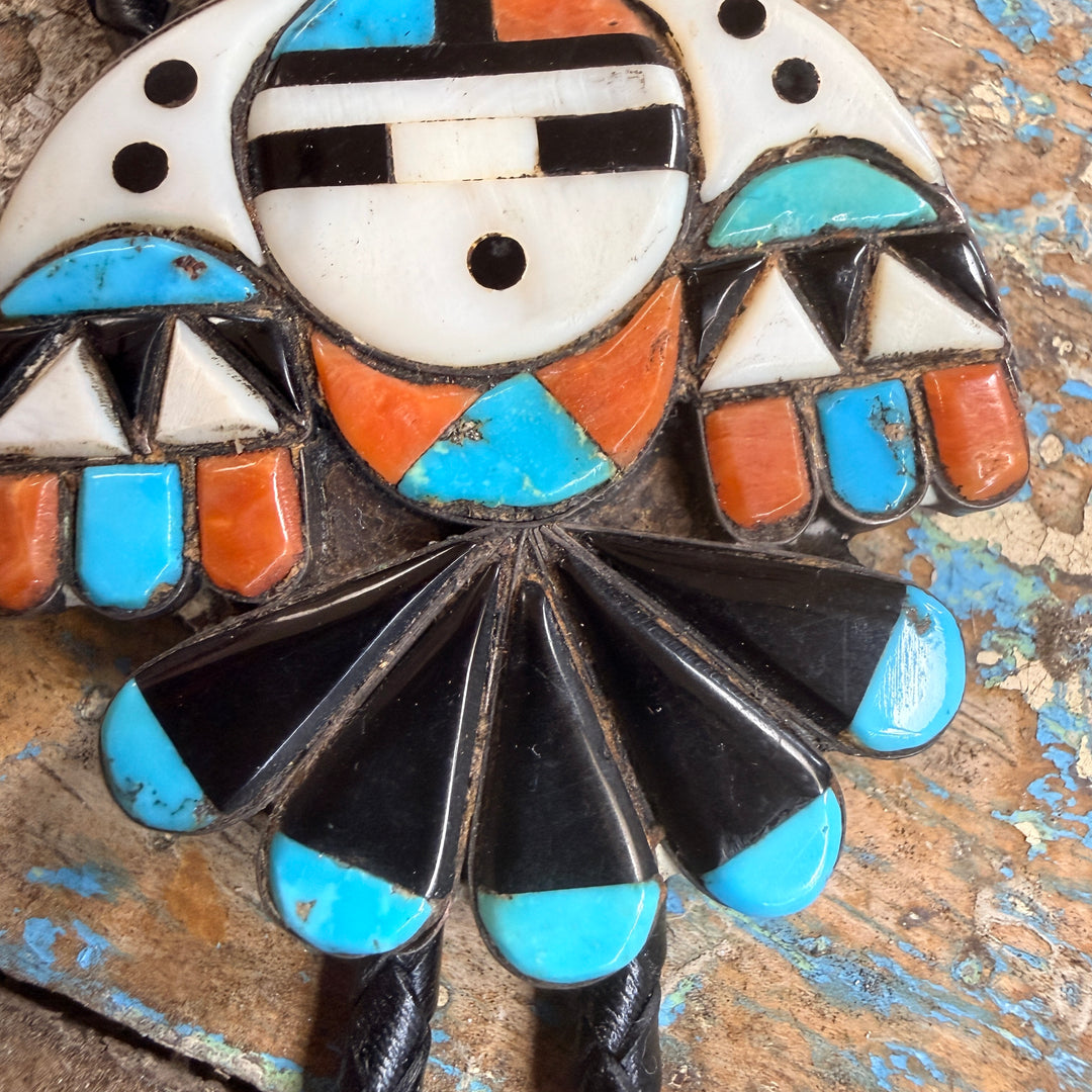 Vintage Sterling Silver Turquoise Inlay Peyote Bird Leather Bolo Tie Zuni
