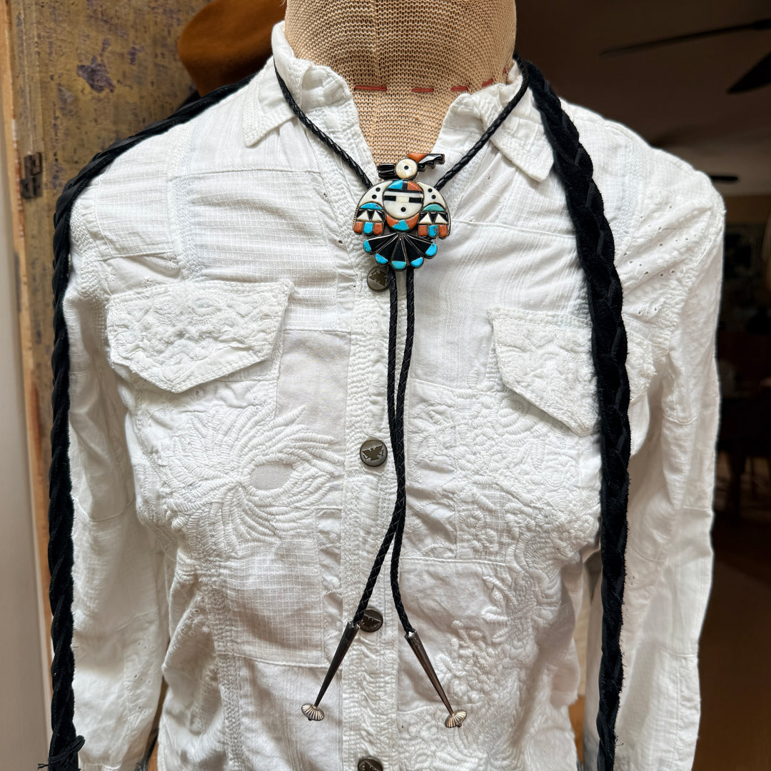 Vintage Sterling Silver Turquoise Inlay Peyote Bird Leather Bolo Tie Zuni