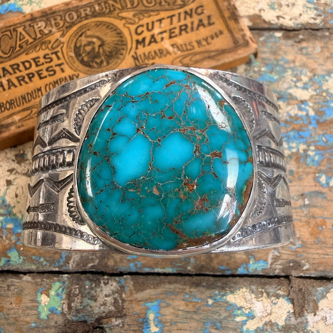 Vintage Mark Chee Sterling Silver Spider Web Turquoise Cuff Bracelet