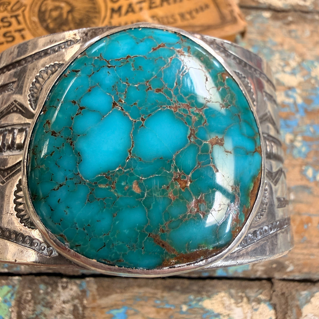 Vintage Mark Chee Sterling Silver Spider Web Turquoise Cuff Bracelet