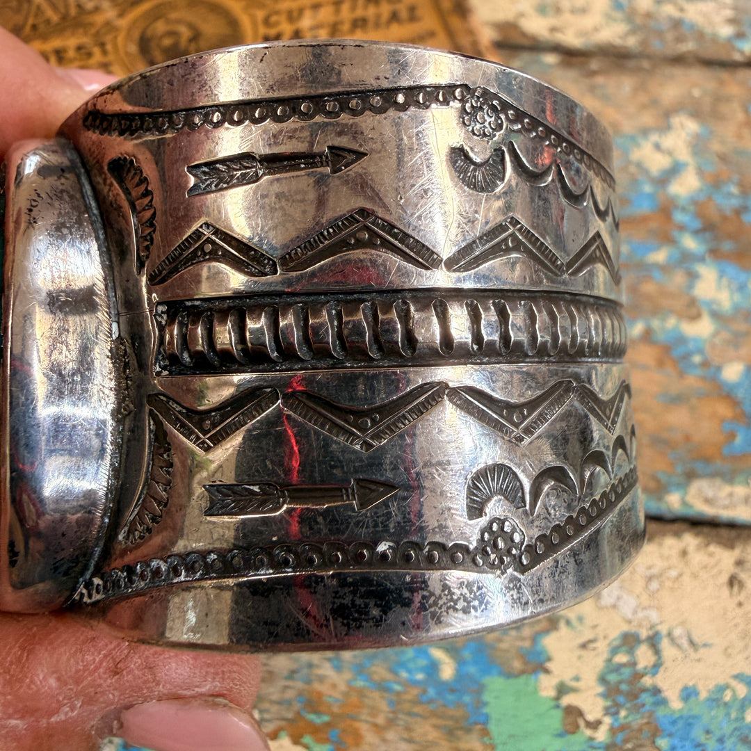 Vintage Mark Chee Sterling Silver Spider Web Turquoise Cuff Bracelet