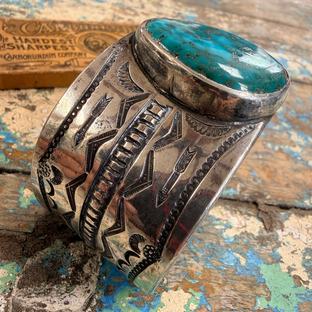 Vintage Mark Chee Sterling Silver Spider Web Turquoise Cuff Bracelet