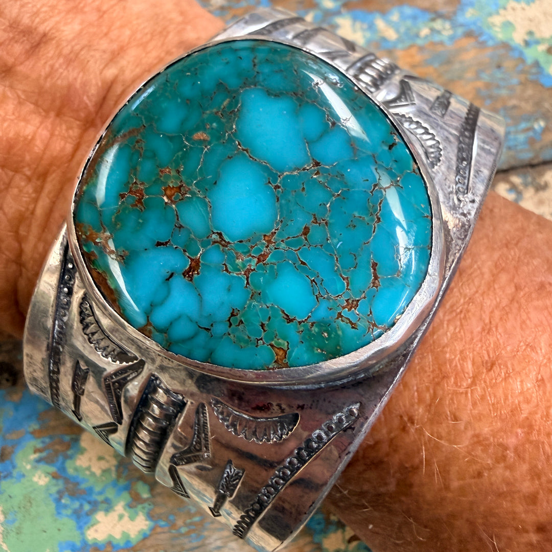 Vintage Mark Chee Sterling Silver Spider Web Turquoise Cuff Bracelet