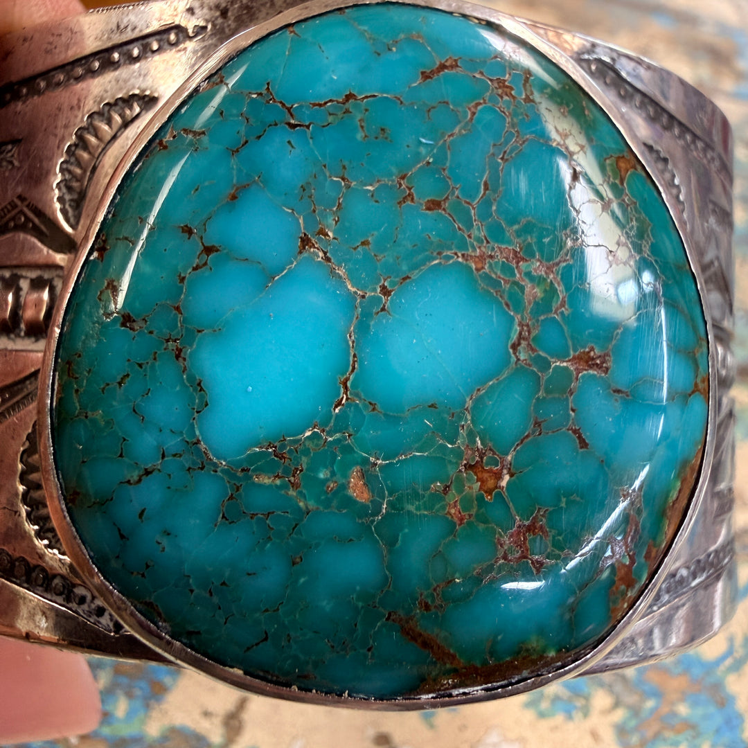 Vintage Mark Chee Sterling Silver Spider Web Turquoise Cuff Bracelet