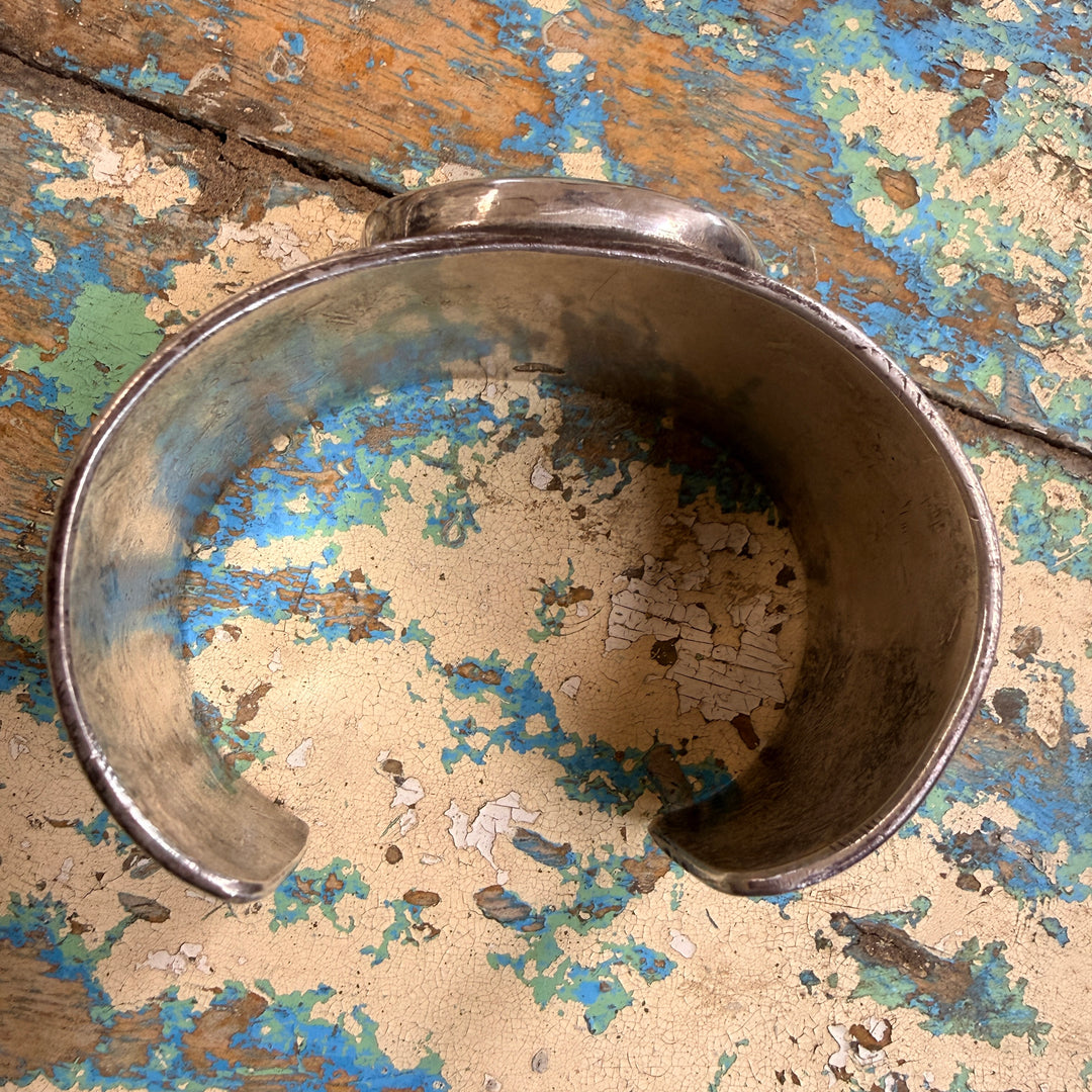 Vintage Mark Chee Sterling Silver Spider Web Turquoise Cuff Bracelet