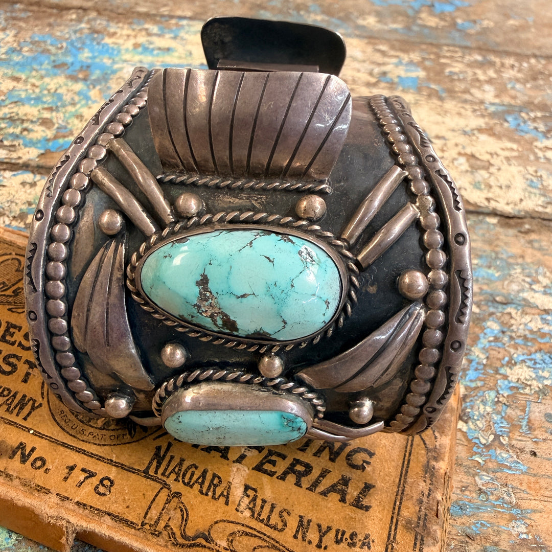 Vintage Navajo Sterling Silver Turquoise Watch Cuff Bracelet 1975 Signed